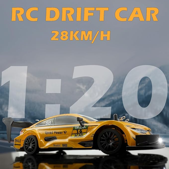 1:20 RC Drift Car 2.4GHz 4WD High Speed Drift Remote Control Cars Vehicle with LED Lights and Drifting Tires Batteries x2 Racing Sport Toy Cars for Adults Boys Girls Kids (Yellow)