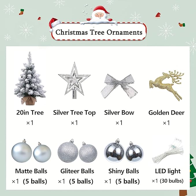 Mini Christmas Tree with Lights,24In/2ft Snow Flocked Pre-lit Tabletop Christmas Tree with 19 Decorations,Artificial Small DIY Decor for Table Desk Home