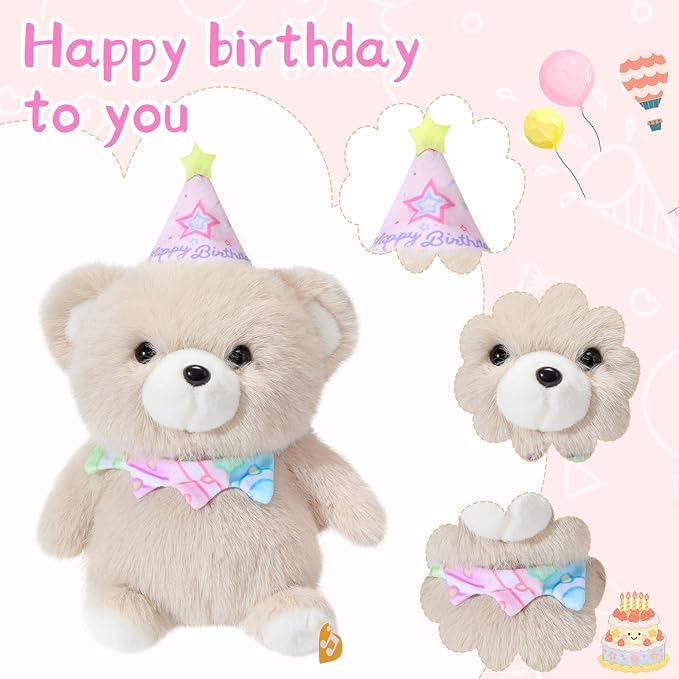Birthday Bear Plush Toy Clap Activated with Voice Recording Singing Dancing Interactive Stuffed Animal Gift for Toddler Kids Boys Girls