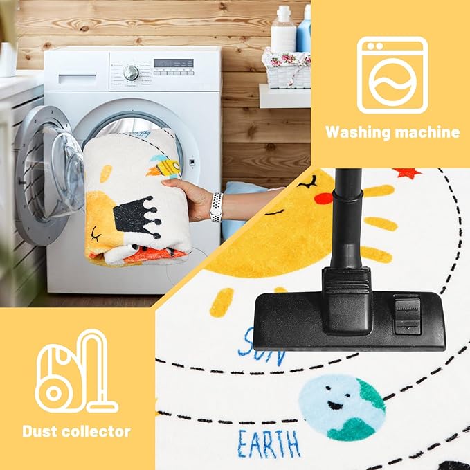 ABC Kids Rug,5.2 ft Washable Nursery Rug,Soft Plush Educational Circle Rug,Non-Slip Solar System Alphabet Rug for Classroom playroom Bedroom Kids Room Decor