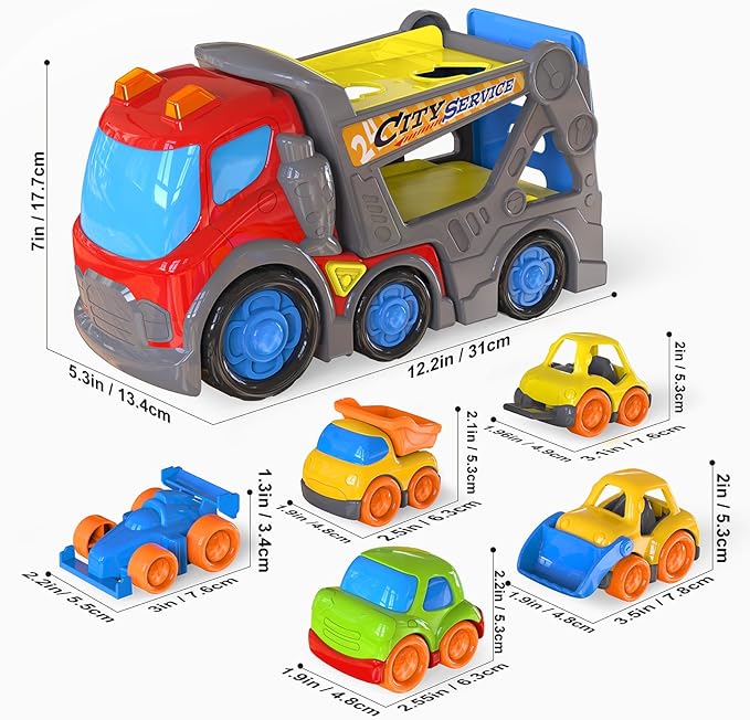 P&C 12.2" Toddler Car Transport Truck Toys for Ages 2-4, Auto Car Carrier Transporter Double-Deck Truck‌ Toy Set with Sounds Lights for Kids 18M+ 2 3 4 5, Ideal Birthday for Boys Girls