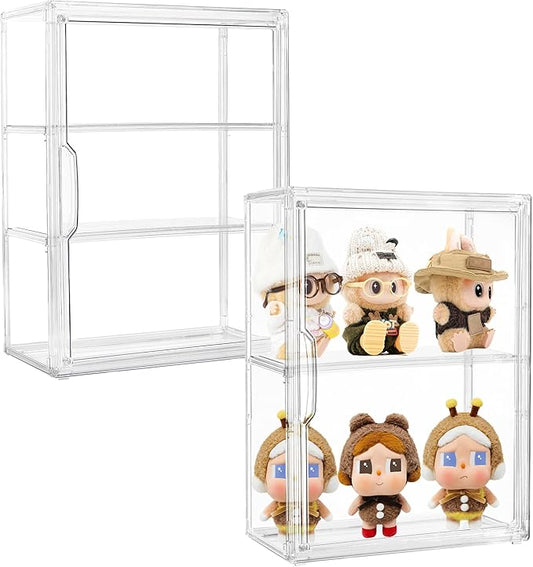 Acrylic Display Case for Collectibles 3 Tier Figure Display Case with 2 Movable Plates Clear Display Cases for Figures with Magnetic Door Tall Display Box, 2 Pack