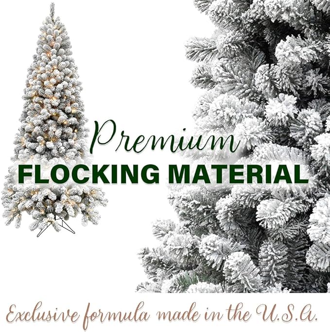 Fraser Hill Farm 7.5-Ft. Alaskan Pine Flocked Artificial Christmas Tree with Dual Multicolor & Warm White LED Lights and Stand, Prelit Foldable Fake Tree with Realistic Snowy Foliage for Home Decor