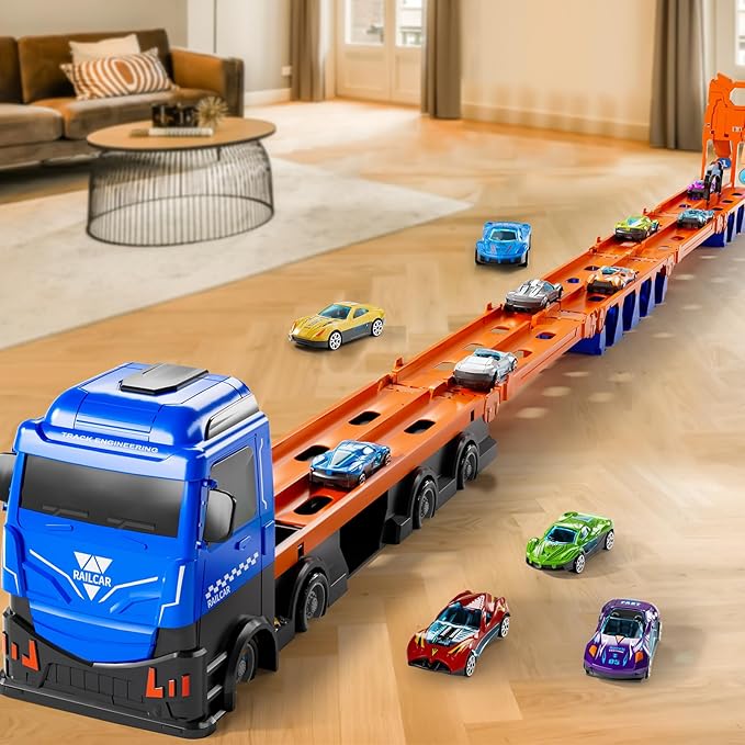 Carrier Truck Race Track Boys Toys, 78-Inch Toy Truck Transport Car Race Track & 12 Die-Cast Metal Toy Cars, Toddler Truck Car Toys Track Set Gifts for Age 3 4 5 6+ Years Old Kids Boys Girls