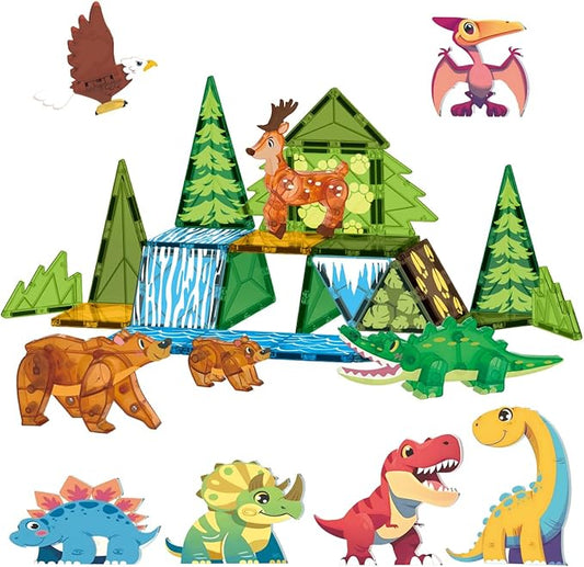 Magnetic Tiles Animals & Dinosaurs Toys, STEM Educational Building Blocks, Sensory Set 35 PCS for Toddlers Kids Ages 3-5 5-7, Boys Girls Birthday Gift Age 3+