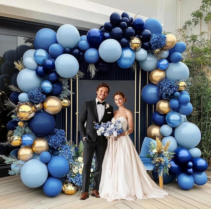 Navy Blue Gold Balloon Arch Kit - Double Stuffed Royal Dusty Blue Gold Balloon Garland Latex Pastel Dark Different Sizes for Graduation Birthday Baby Shower Anniversary Wedding Decor