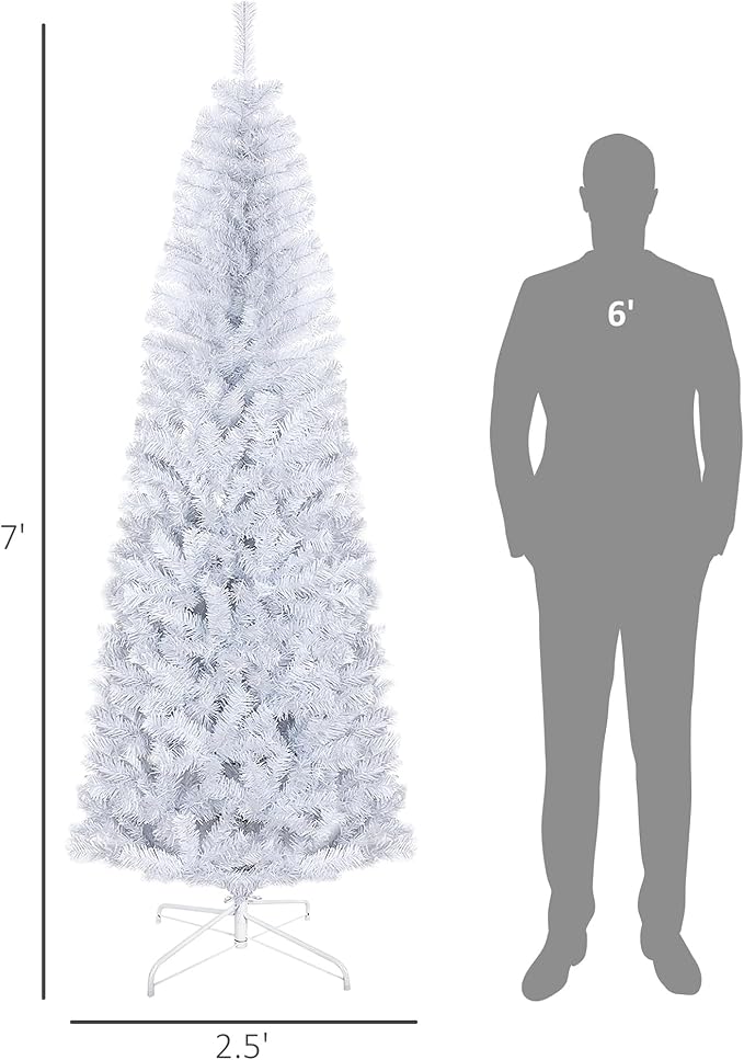 HOMCOM 7ft Pencil Christmas Tree, Unlit Artificial Christmas Tree Slim Douglas Fir Xmas Tree with Realistic Branches, Halloween Tree with 818 Tips, White