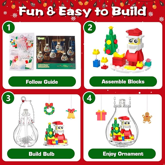 2025 Light-Up Christmas Ornament Building Kit — 647 PCS Holiday Building Blocks Set for Kids and Adults, Featuring Gingerbread House, Santa, Reindeer, Polar Bear, Nutcracker Soldier & Penguin