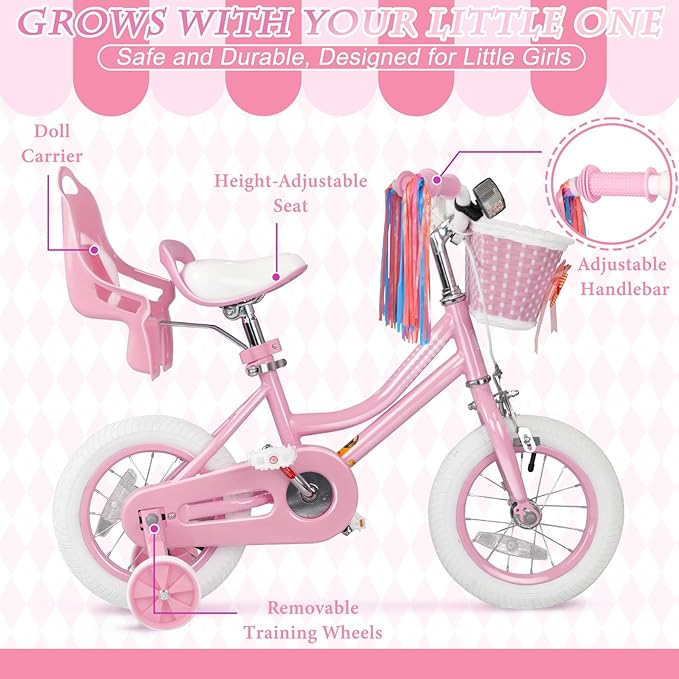 KORIMEFA Girls Bikes Ages 2-4 4-6 6-8 with Training Wheels 12 14 16 Inch, Little Small Kids Princess Toddler Bicycle with Streamers, Pedal Bike with Basket and Doll Seat, Coaster Brake, Birthday Gift