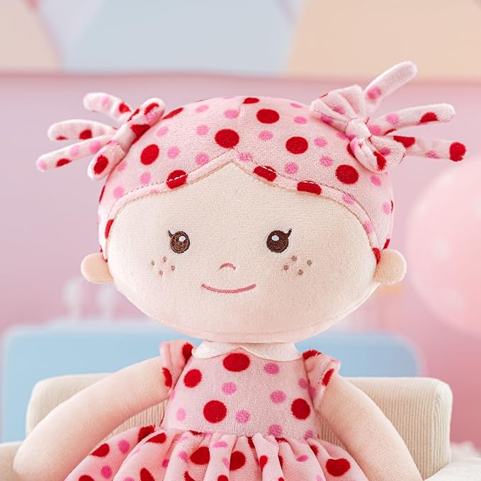 Onetoo First Baby Doll Soft Baby Doll for Girls Plush Rag Doll Sleeping Cuddle Buddy Doll Wear Pink Dress Red Polka Dot 14"