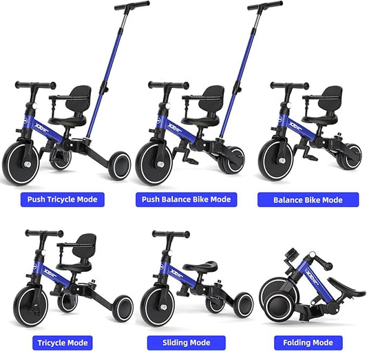 XJD Toddler Bike, 6 in 1 Folding Toddler Tricycle for 1-4 Year Old with Push Handle, Balance Bike with Removable Pedal,Backrest, Adjustable Seat Height and Handle, First Birthday Gifts (Blue)