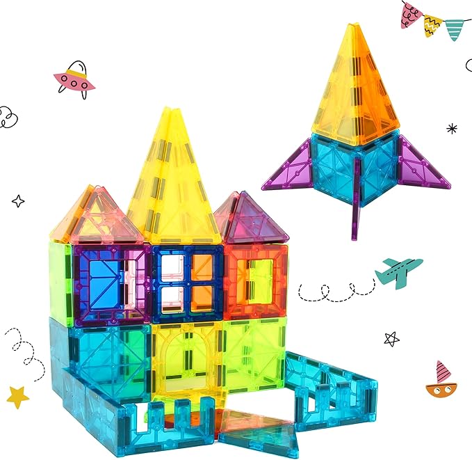Ziggzo Magnetic Tiles for Kids Ages 4-8 | 100 Magnet Tiles with Storage Bag and 2 Cars | STEM Building Blocks for Creative Learning