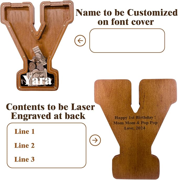 Personalized Wooden Letter Piggy Bank for Kids Larger Letter Piggy Bank for Boys and Girls Initial Coin Bank Customized Piggy Bank Perfect Wood Kids Money Bank for Birthday and Festival