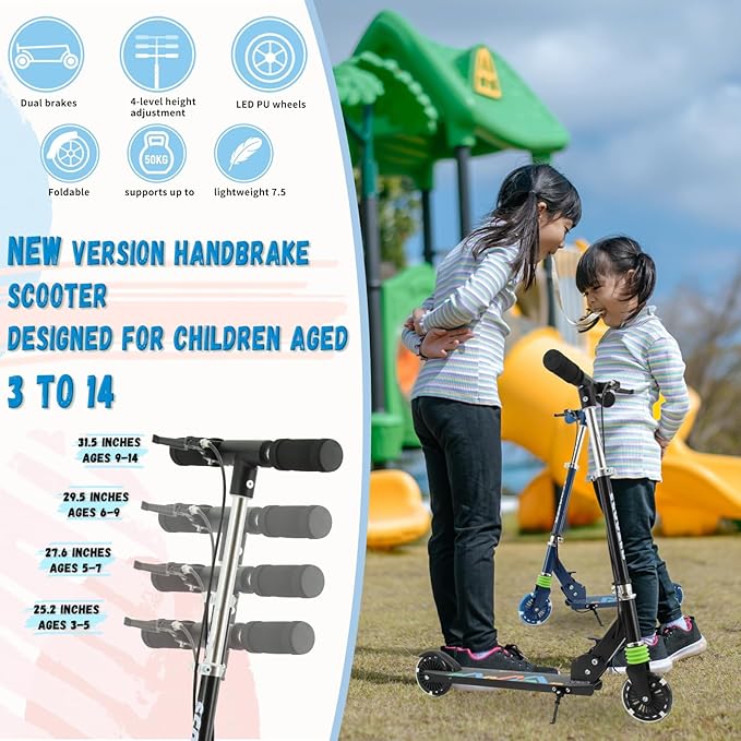TENBOOM Scooter Kids Scooter with Handbrake, Toddler Scooter Scooters for Kids 3+, Light up LED Wheels Toys for Kids, Adjustable Handlebar, Foldable Scooter for Kids