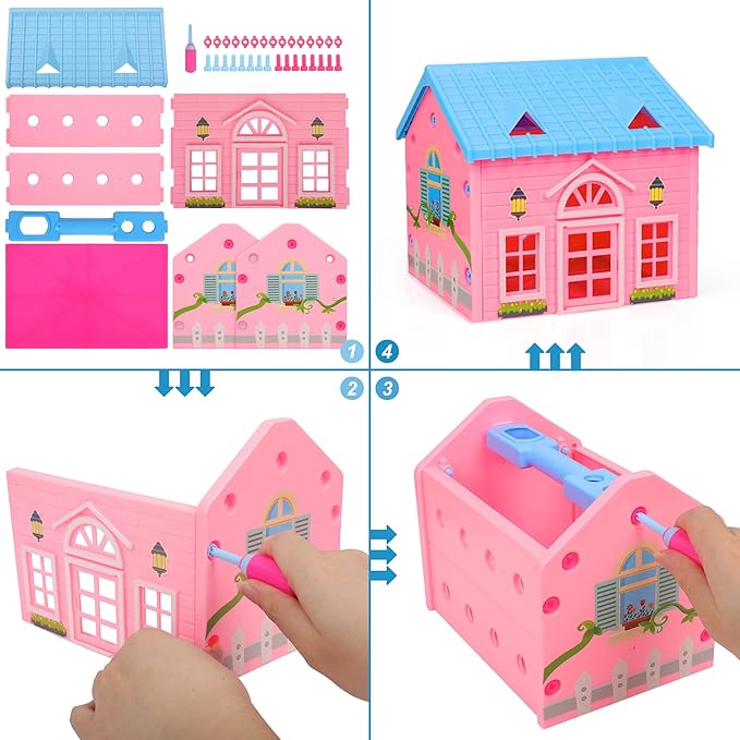 Toddler Girl Toys STEM Toys for Kids Toy,Kids Tool Set with Play Drill and Tool Box,Pink House,Protective Goggles for 3 4 5 6 7 Years Old Toddlers Kid