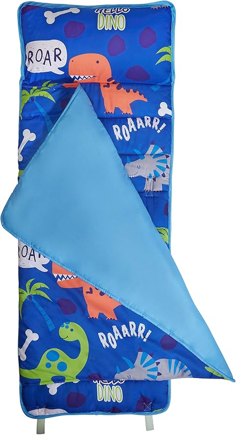 EVERYDAY KIDS Nap Mat with Removable Pillow - Roarin' Dinos - Carry Handle with Straps Closure, Rollup Design, Soft Microfiber for Preschool, Daycare, Travel Sleeping Bag - Ages 3-6 Years