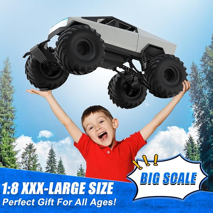 INGQU® 1:8 Big Monster Truck Toys, XXX-Large Alloy 4WD Off Road Remote Control Truck with 3 Powerful Motors LED Headlight, 2.4GHz All Terrain Rock Crawler RC Truck for Boys Kids Age 6 7 8 9 10-12+