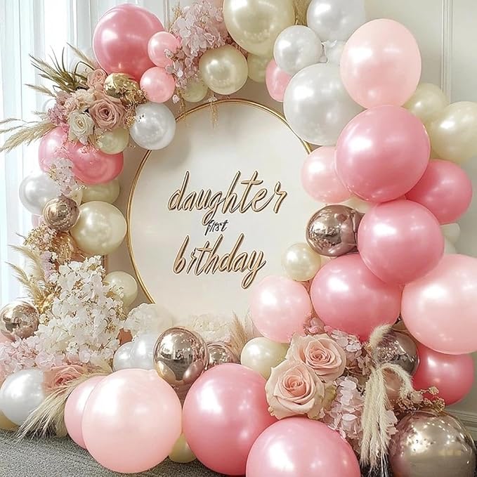 Pearl Pink White Balloon Garland Double Stuffed Light Pink Champagne Gold White Sand Balloon Arch Kit for Baby Shower Birthday Bridal Shower Wedding Birthday Party Decorations