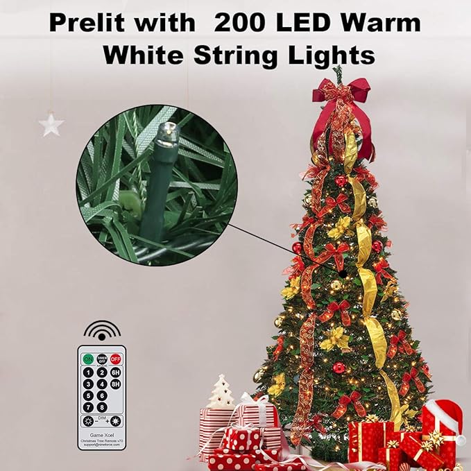 6FT Prelit Pull Up Artificial Christmas Tree with Lights, Decorations, Remote - Red, Gold Ornaments, Bows, Ribbons