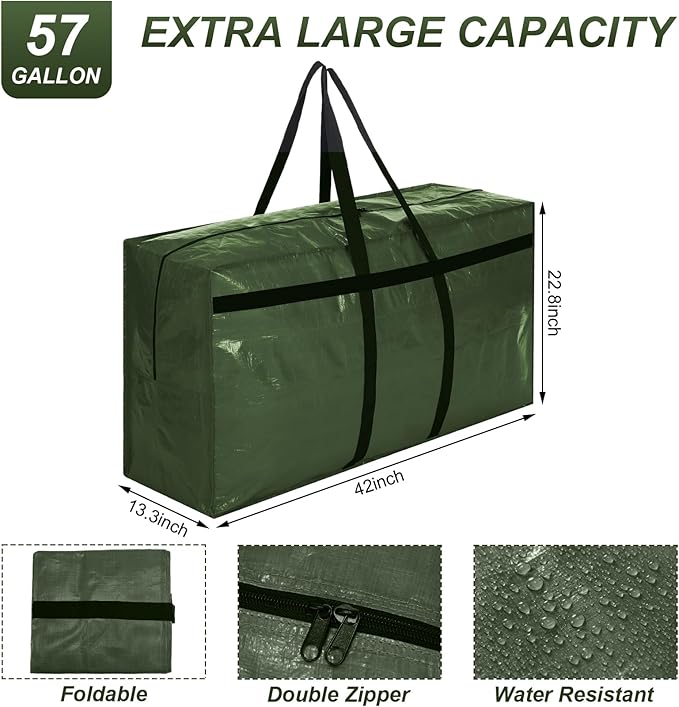 Windyun 4 Pack 57 Gallon Extra Large Storage Bag XXL Moving Bag with Zipper Handle Heavy Duty Jumbo Big Tote Box for Halloween Skeleton 4-12 Feet Christmas Tree Storage College Dorm Cloth (Army Green)