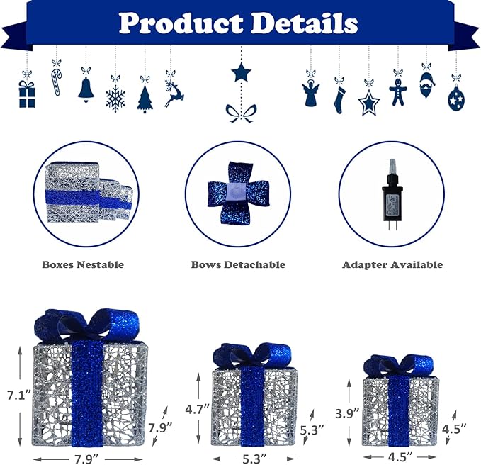 Lighted Gift Boxes Set of 3, Silver Boxes with Bow, Prelit 60 White Lights Present Box Lighted Display with Plug for Home Porch Outdoor Yard Christmas Decorations-Blue