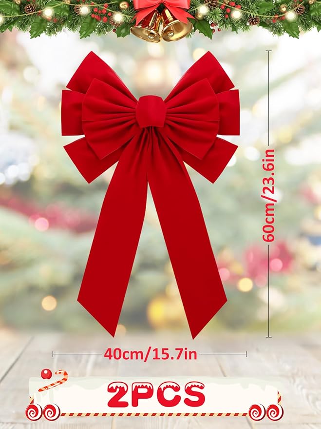 MEWTOGO 2 Pcs Large Christmas Red Wreath Bows - 23.6×15.7 in Velvet Red Bows with Golden Tie, Easy Hanging for Window Stairs Outdoor Porch Christmas Decoration Gifts Indoor Party Supplies