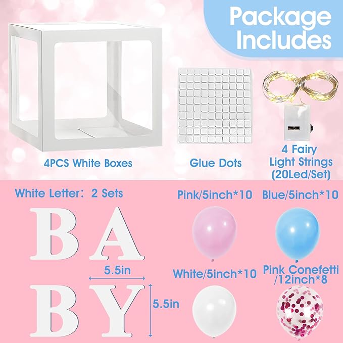 Ledido Baby Boxes with Letters for Baby Shower Decoration, 4 pcs Clear Baby Balloon Boxes Blocks with LED Fairy String Lights 38 Balloons for Boy Girl Gender Reveal Birthday Party (White)