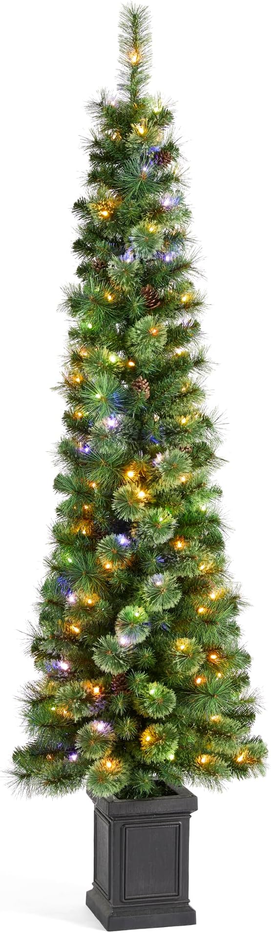 Glitzhome 6ft Prelit Artificial Christmas Tree, Green Cashmere Pine Christmas Porch Tree with pinecones,272 Pine&PVC Branch Tips,130 Warm White/Multi-Color Lights,9 Function w/Remote Control
