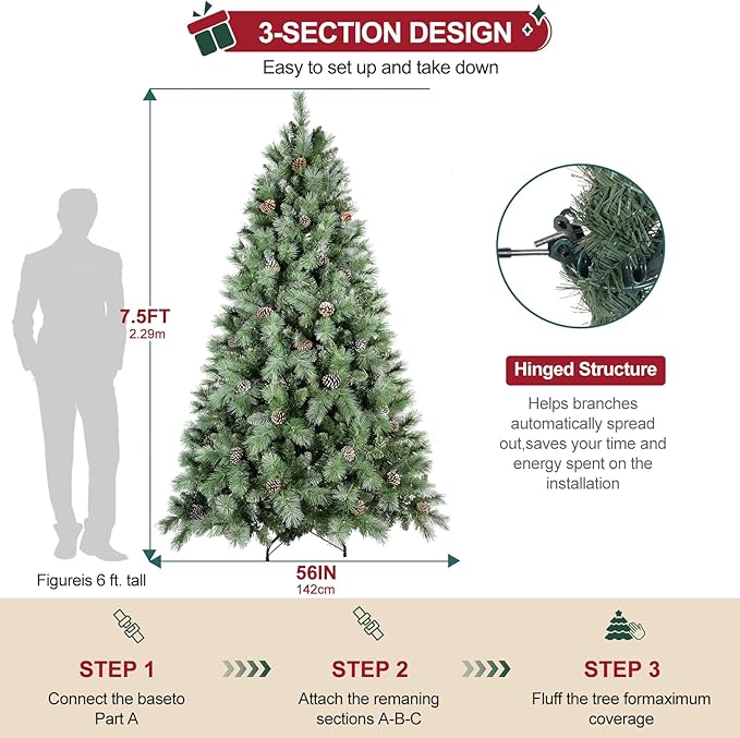Christmas Tree 7.5ft, PLuxury Pine Needle -Premium Christmas Trees Flocked Trees - Artificial Xmas Tree