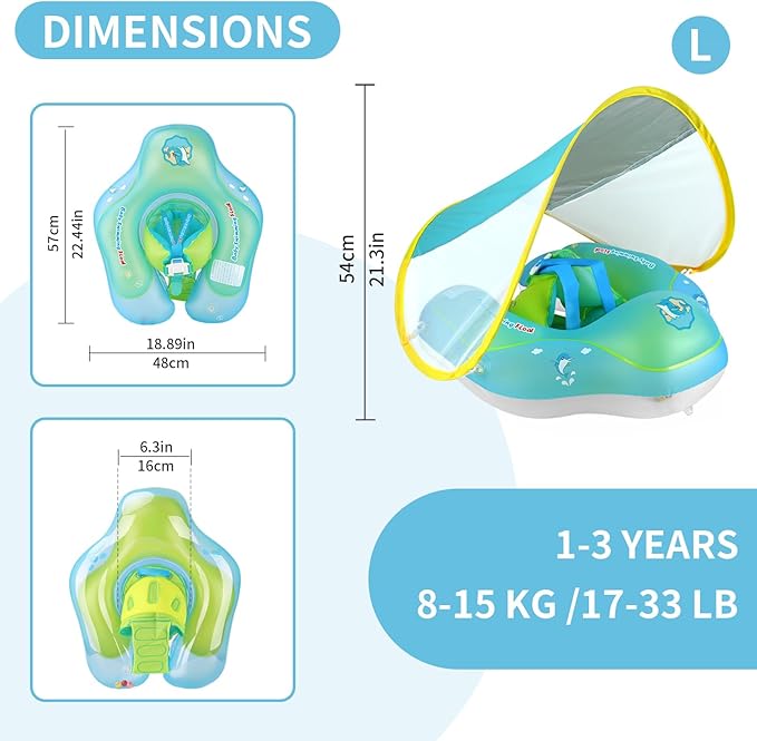 Free Swimming Baby Infant Pool Float with Sun Canopy Inflatable Baby Swimming Floatie with Sponge Safety Bottom Support Water Toys Swimming Trainer (Blue, Large)