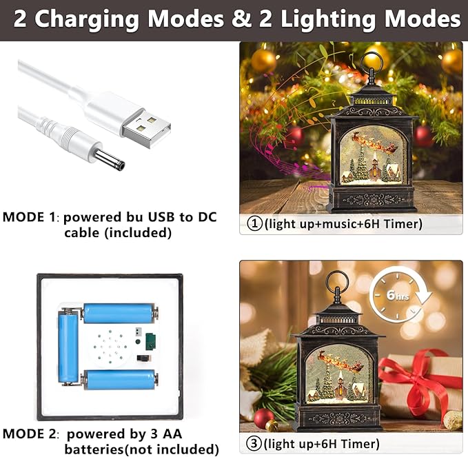 6H Timer Lighted Snow Globe with Music, Swirling Glitter Christmas Lantern, Thanksgiving Decor, Table Party Decorations (Reindeer, Santa Claus and Church)