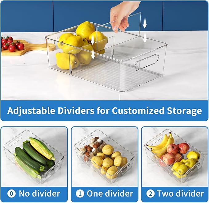 6 Pack Pantry Organizers and Storage,Clear Plastic Containers with 2 Dividers for Kitchen,Fridge Organization and Storage,Acrylic Bins for Pounches,Spice Packet,Snack organzier