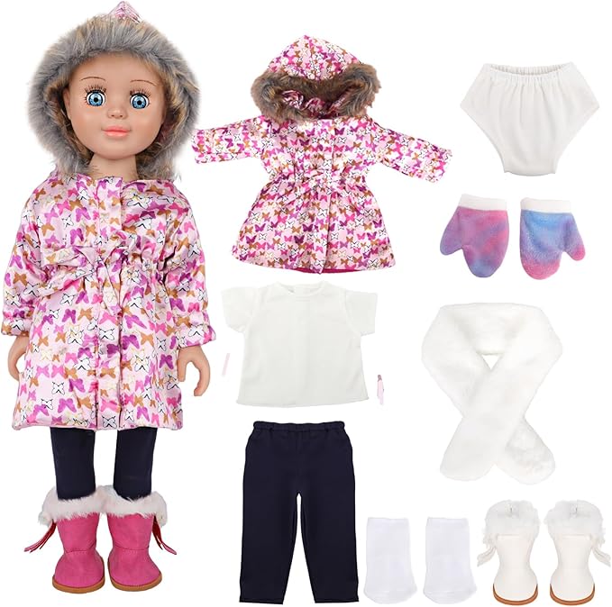 18-inch Doll Down Jacket, Doll Winter Clothing Set, 5 Different Colors and Patterns Available. (Pink-Butterfly Print)
