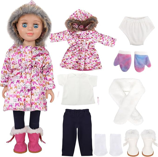 18-inch Doll Down Jacket, Doll Winter Clothing Set, 5 Different Colors and Patterns Available. (Pink-Butterfly Print)
