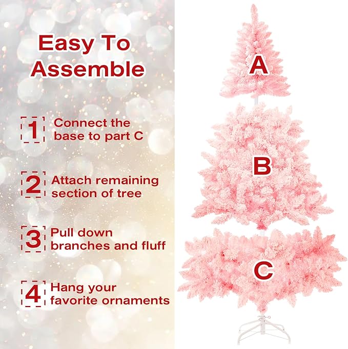 6ft Premium Hinged Artificial Holiday Christmas Tree for Home, Office, Party Decoration Snow Flocked Xmas Pine with 1,000 Branch Tips, Easy Assembly, Metal Hinges & Base (Pink)