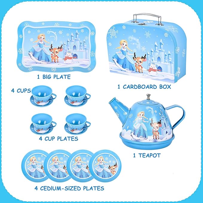 Princess Tea Party Set for Little Girls Ages 3-6, 15-Piece Pretend Play Kitchen Toys with Teapot, Cups, Plates & Storage Case, Princess Gift Set
