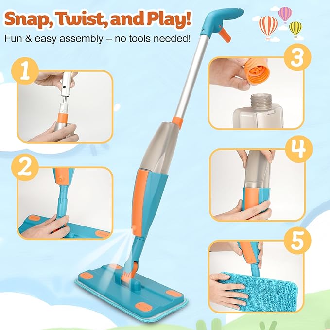 Kids Spray Mop - Real Working Toddler Cleaning Toy Set with Water Sprayer & 2 Washable Pads - Montessori Mini Mop & Sweeper - Interactive Learning Toys for Kids Ages 3+