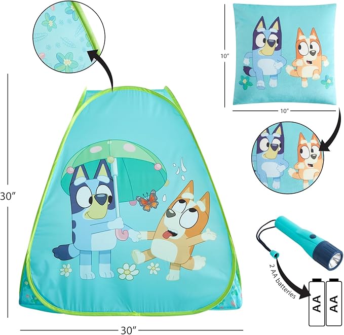 Bluey 3-Piece Adventure Slumber Set,Pop-Up Play Tent,Pillow & Flashlight,Fun Playhouse for Kids Ages 3+