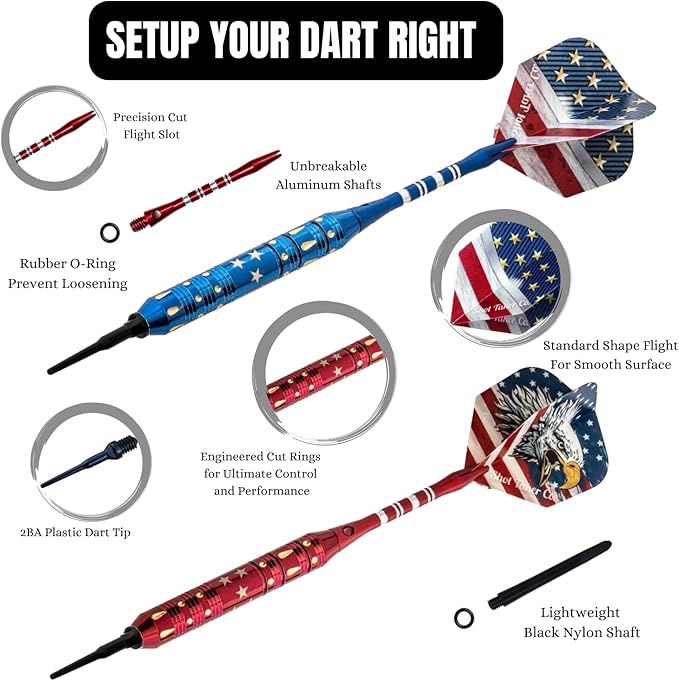 Soft Tip Darts Set - Professional Darts for Electronic Dartboard - Includes Brass Barrels + Plastic & Aluminum Shafts + Rubber O'Rings + Flights + 50PC 2BA Tips + Wrench