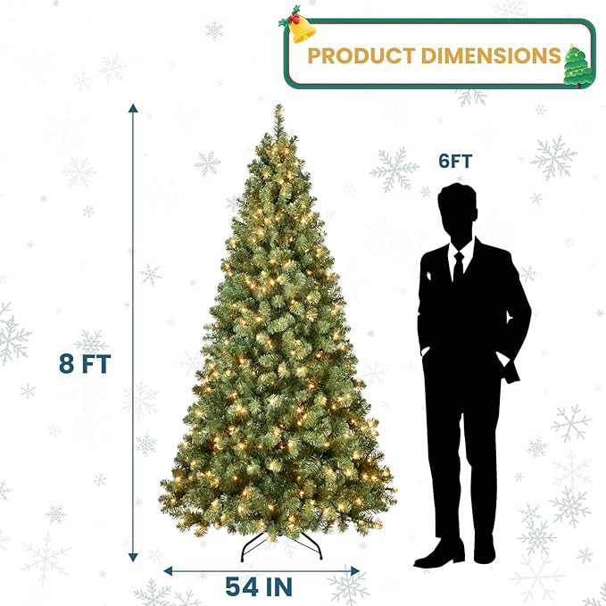 Kadunmina 8ft Pre-lit Christmas Tree, Prelit Artificial Spruce Xmas Trees with 500 Incandescent Warm White Lights, 1460 Branch Tips and Metal Stand for Home, Office, Holiday Decor,Green