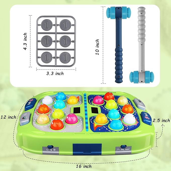 WAYKEE Whack a Mole Game, Toys for Ages 3-4 5-7 8-12 Boys Girls, Whack Game for Toddlers, Gifts for 3 4 5 6+ Year Old Boys Girls, Early Learning Educational Toys with 2 Hammers Sound & Light