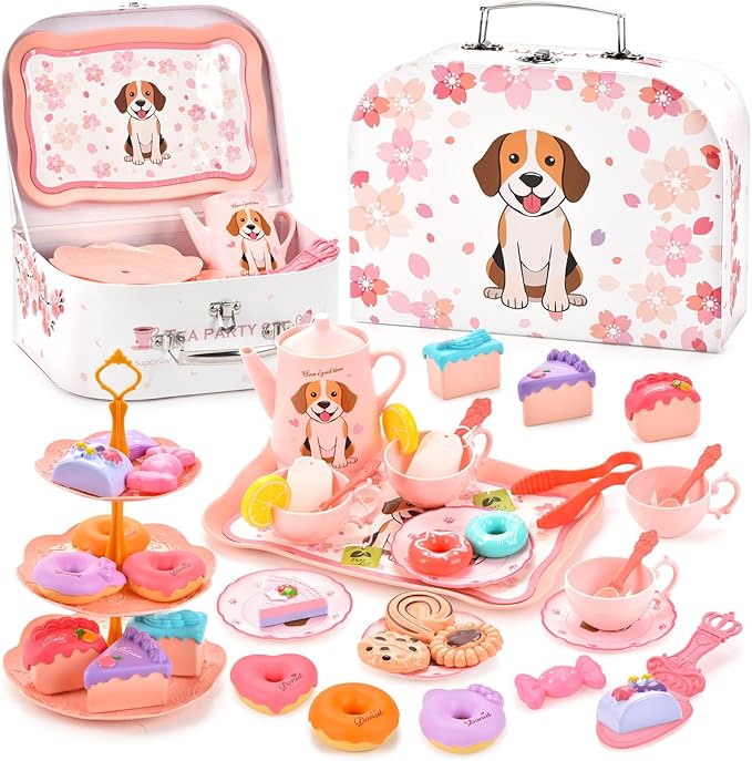 Dog Toys for Kids – Plastic Tea Party Set for Toddlers & Little Girls Ages 3-8, Puppy-Themed Pretend Play Kitchen Toy with Teapot, Cups, Saucers, Desserts & Tray | Birthday Gift Idea