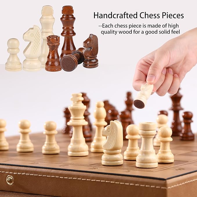 15" Magnetic Chess Set & Checkers Set 2 in 1，Rinten Leather Portable Travel Chess Board Game Sets with Velvet Bag Packaging Beginner Large Chess Set for Kids and Adults