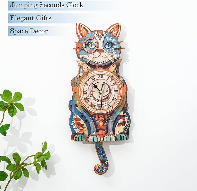 3D Puzzles for Adults Clock-Cat Detective Design Model Kit-Mechanical DIY Pendulum Clock with Roman Numerals-Desk Home Office Decor Personalized Gift for DIY Lovers