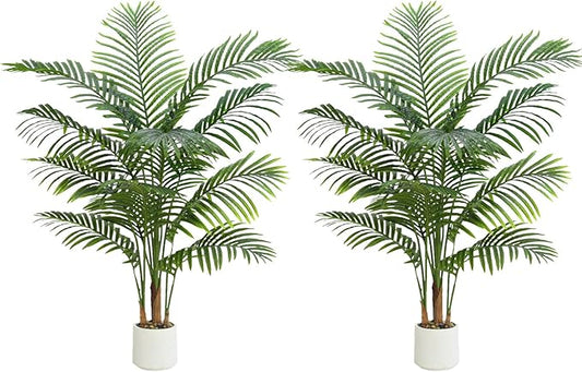 2 Pack Artificial Palm Tree Indoor Plant 4FT Tall Fake Tropical Palm Tree in Pot, Real Bark Design Faux Areca Palm Tree for Home Office Living Room Bedroom Farmhouse Modern Outdoor Topiary Tree