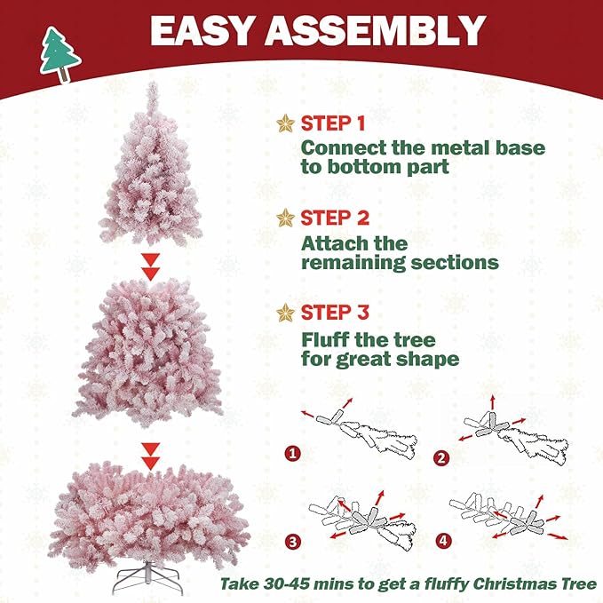 Christmas Tree 7.5 ft, Pink Prelit Christmas Tree with Lights, Flocked Christmas Trees Prelit with 10 Modes Colorful 400 Lights, Easy Assembly Artificial Christmas Trees with Fluffy Tips