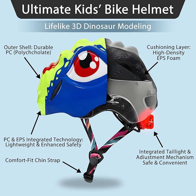 KINGBIKE Toddler Helmet 2-3-5-8 Years Kids Balance Bike Helmets Size Adjustable 3D Dinosaur with Led Light for Skateboard Scooter Cycling Skaterolling