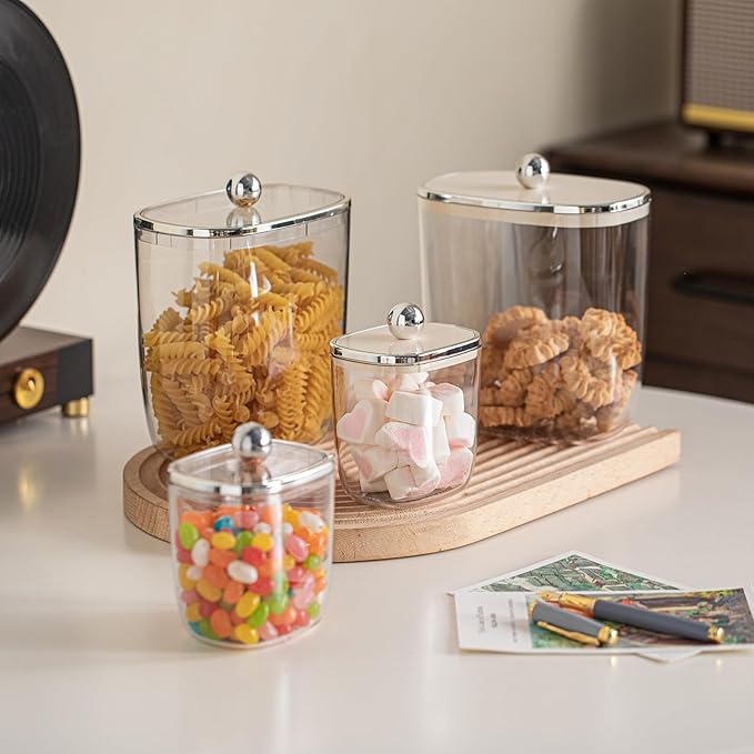 50oz Plastic Candy Dish with Lid for Office Desk, Cookie Storage Jar for Kitchen Counter, Plastic Apothecary Jar for Cotton Swabs, Balls, Cotton Pads, Floss Picks, Clear Lid, 1500ml