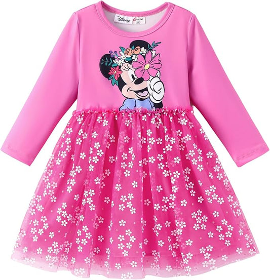 Disney Frozen Elsa Princess Cinderella Ariel Jasmine Rapunzel Baby/Toddler Dress, Ruffle Long-Sleeve Mesh Overlay Tulle Dress