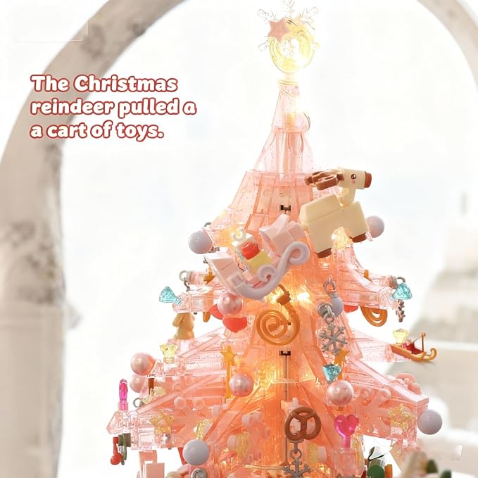 Pink Christmas Tree Building Blocks Music Box - DIY Buildable Christmas Decoration, Rotating Music Box, for Girls, Festive Atmosphere Light